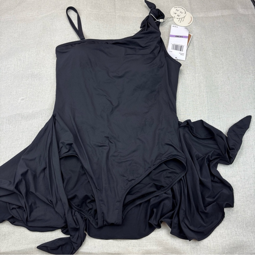 Coco Reef BLACK Rosaline One-Shoulder Tummy-Control Sarong Swim Dress 14/38D - Picture 2 of 12